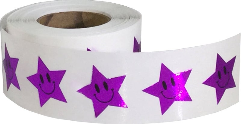 InStockLabels.com Metallic Purple Happy Face Star Shape Stickers 0.75 Inch 500 Adhesive Labels - Image 2